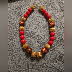 Carolyn Tanner Red and Gold Beaded Chunky Necklace 23 Inches